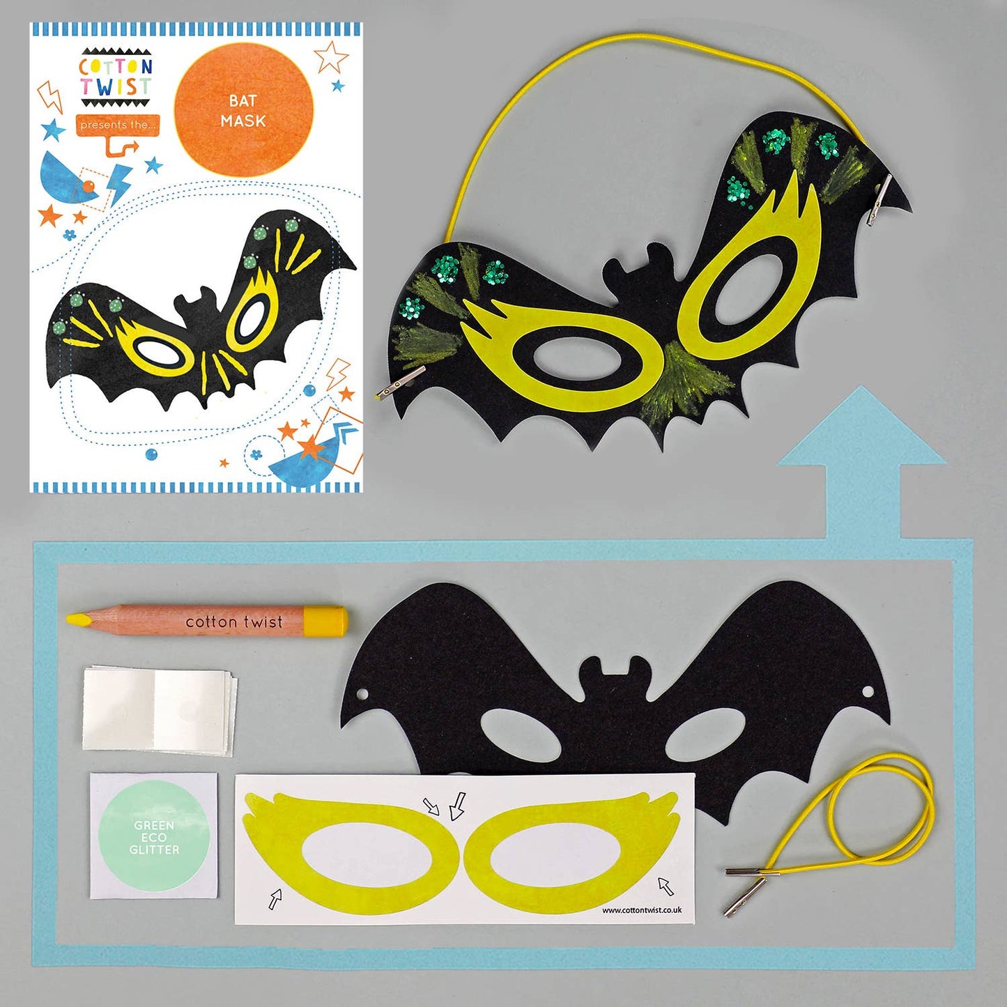Ett gör det själv kit papper som blir till batman mask.