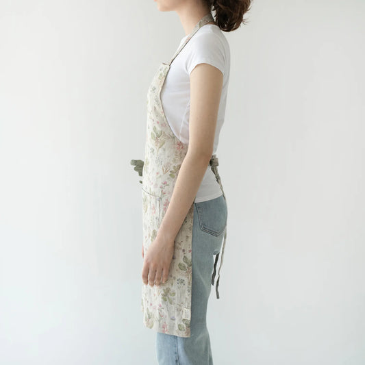 Linneförkläde med blommor