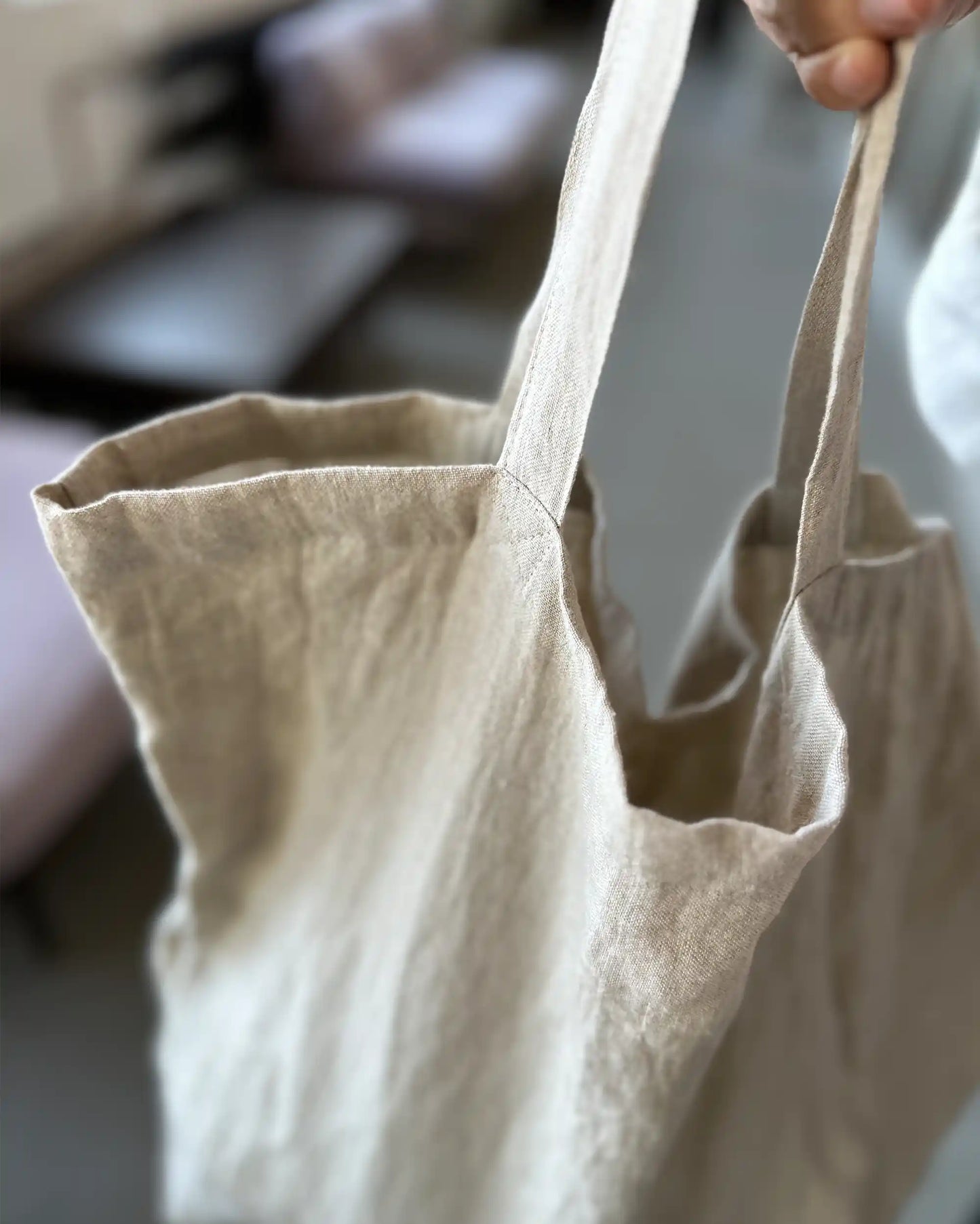 Shoppingbag i linne med korta handtag