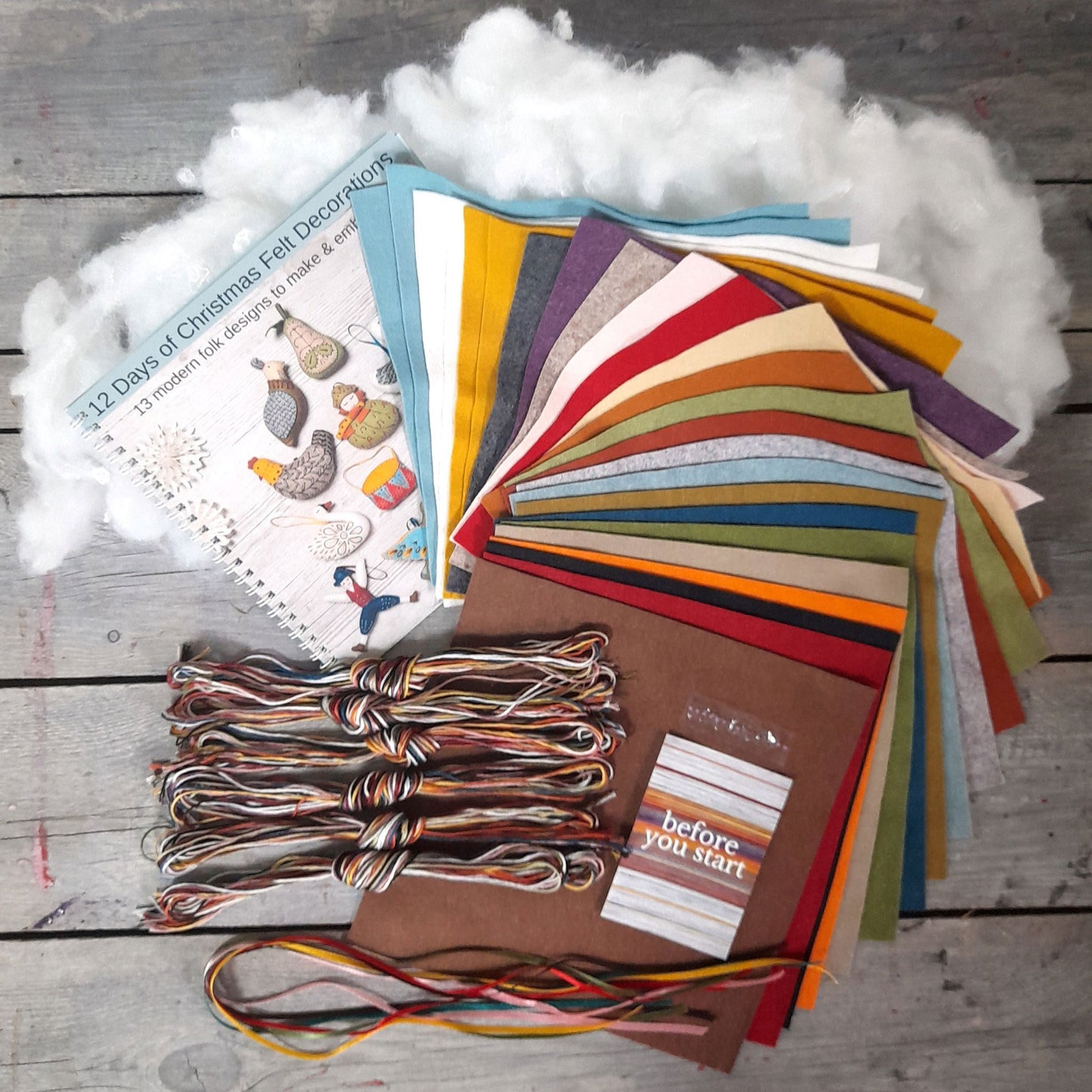 Ett innehåll av ett sykit med olika tyg och ulldelar.