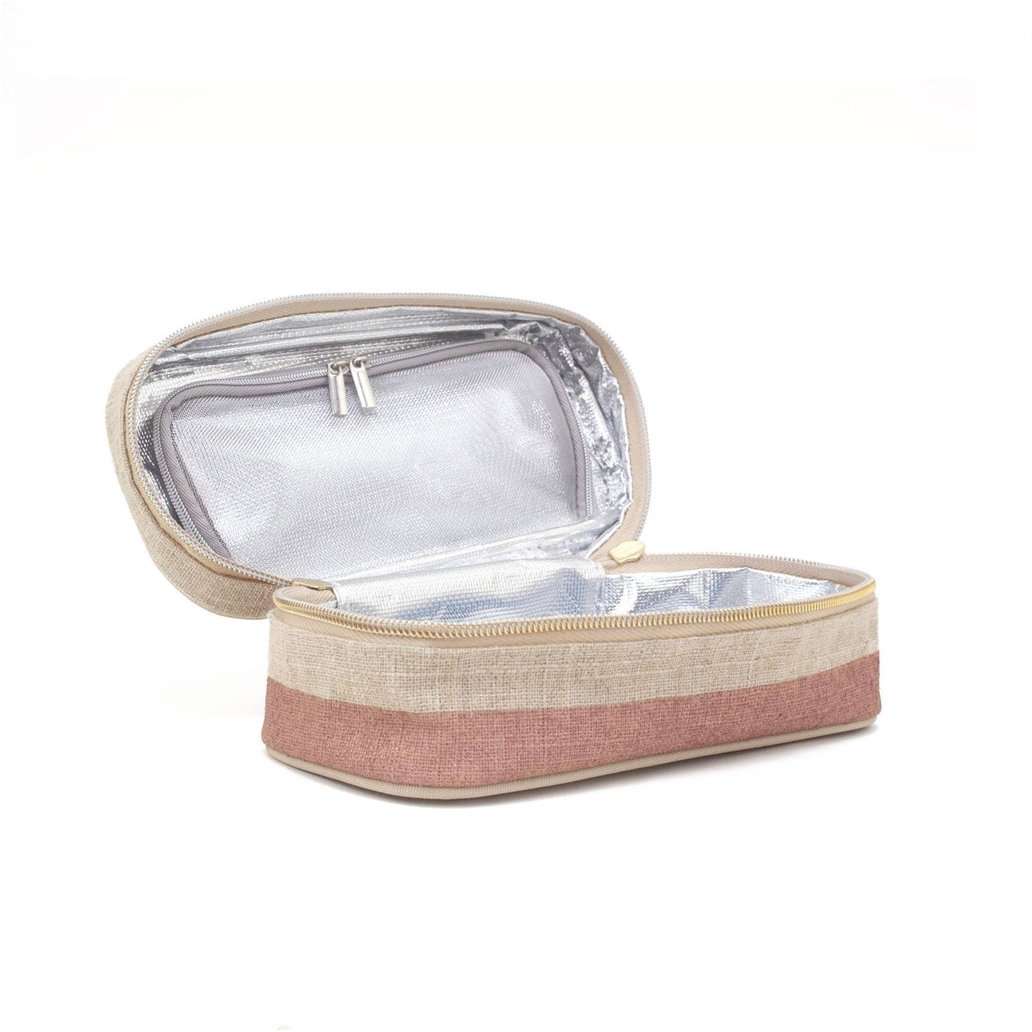 En liten handsydd beige och rosa necessär i linne.