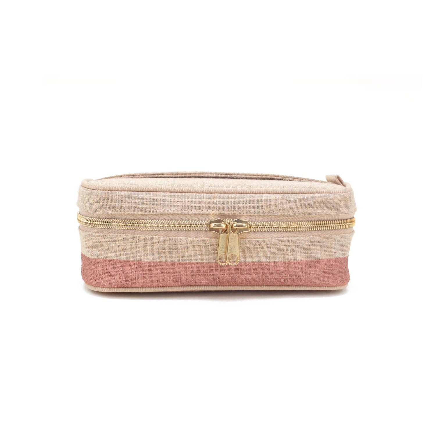 En enkel rektangulär necessär i naturell linne med rosa detalj och dragkedja i guld. 