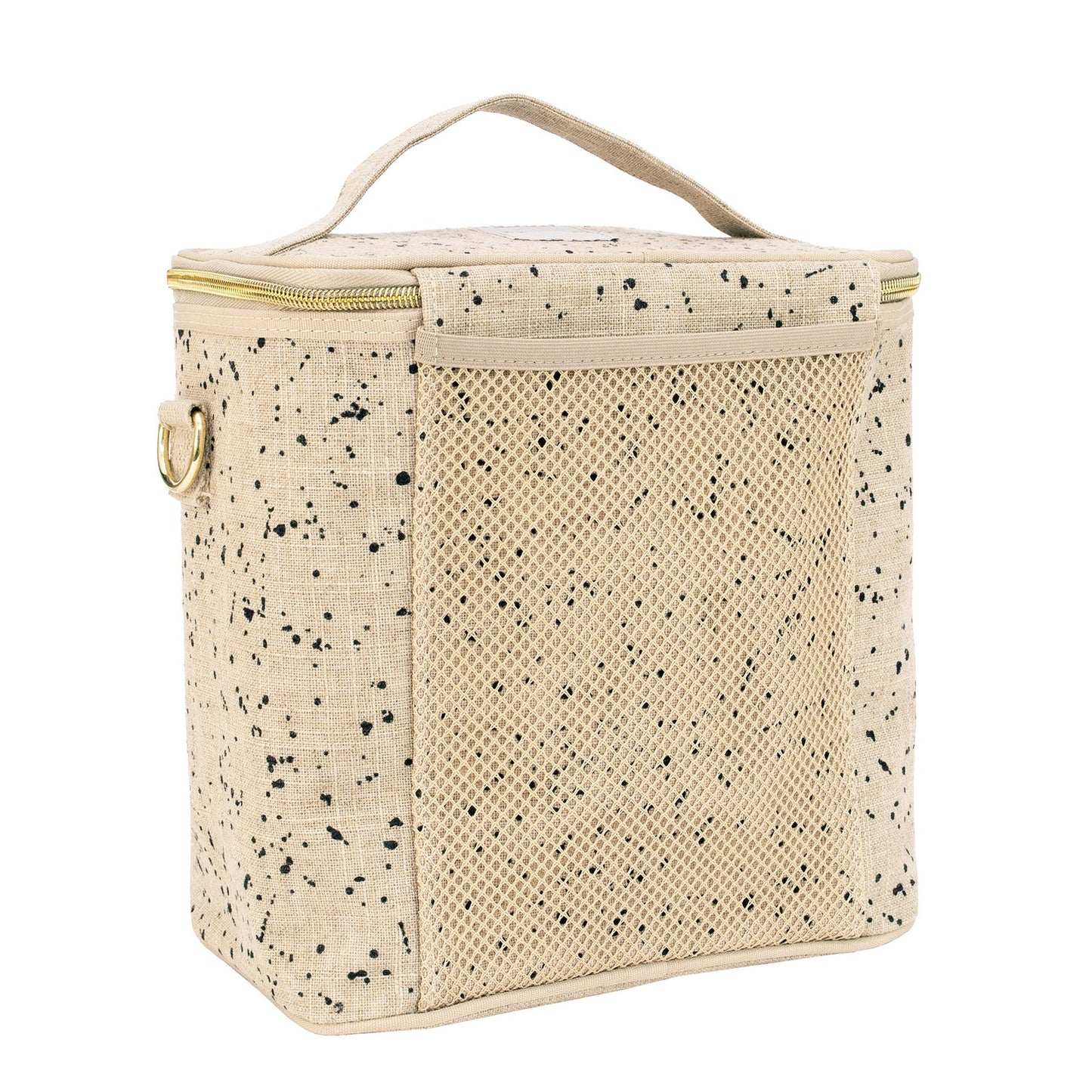 En handsydd beige lunchbox med förvaringsficka och axelrem.