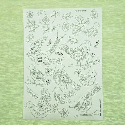 Stick & Stitch (Folklore fåglar) | Vattenlöslig broderi-mall