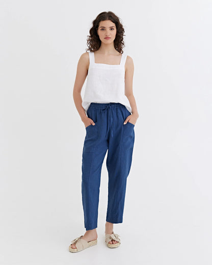 Linnebyxor, ankellängd (Deep Navy Blue)
